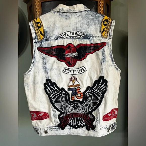 Heritage America 1776 250 years Bleached Denim Biker Moto Patch Vest XXL - Picture 5 of 7